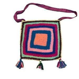 Vintage granny square knit crochet purse with tassels